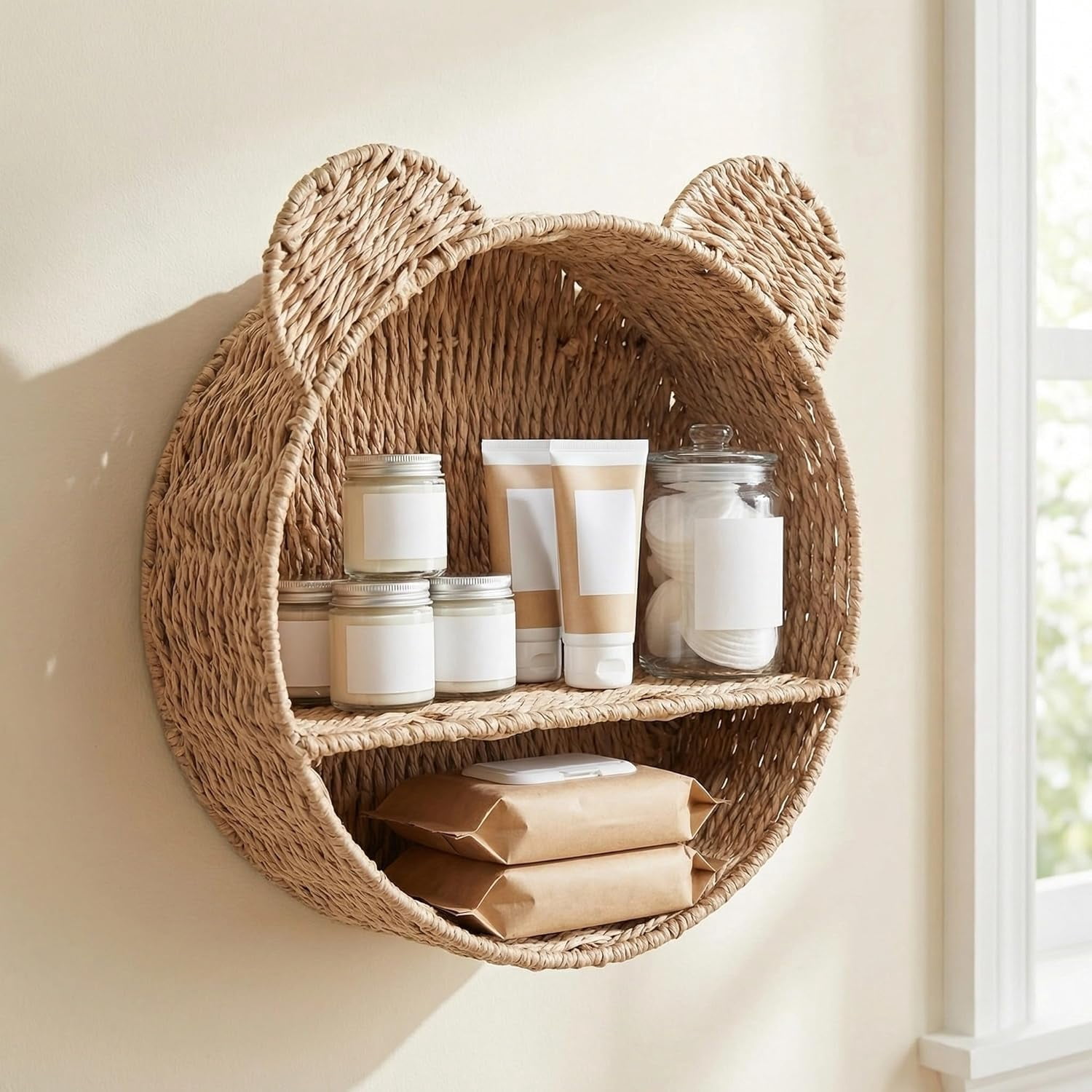 12.6-inch Bear Rattan Shelf, Handwoven Wicker Rack Round Shelf for Wall, Wall-Mounted Floating Display Shelf Organizer for Small Books, Toys & Decor