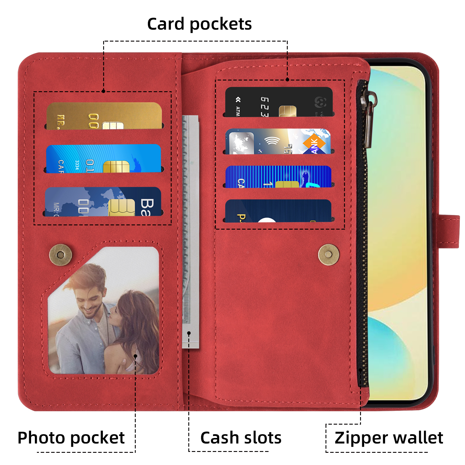Asuwish Phone Case for Samsung Galaxy S24 FE 5G Wallet Cover With Tempered Glass Screen Protector Crossbody Wrist Strap Flip Pattern Zipper Credit Card Holder Cell S 24 EF AI S24FE 24S Women Men Red