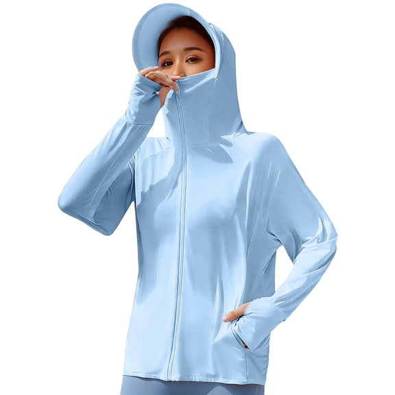 Dweltoz Womens Upf 50 Sun Hoodie Shirts with Mask and Brim Lightweight Cooling Workout Rash Guard Long Sleeve Full Zip Uv Shirt for Outdoor,Sky Blue One Size