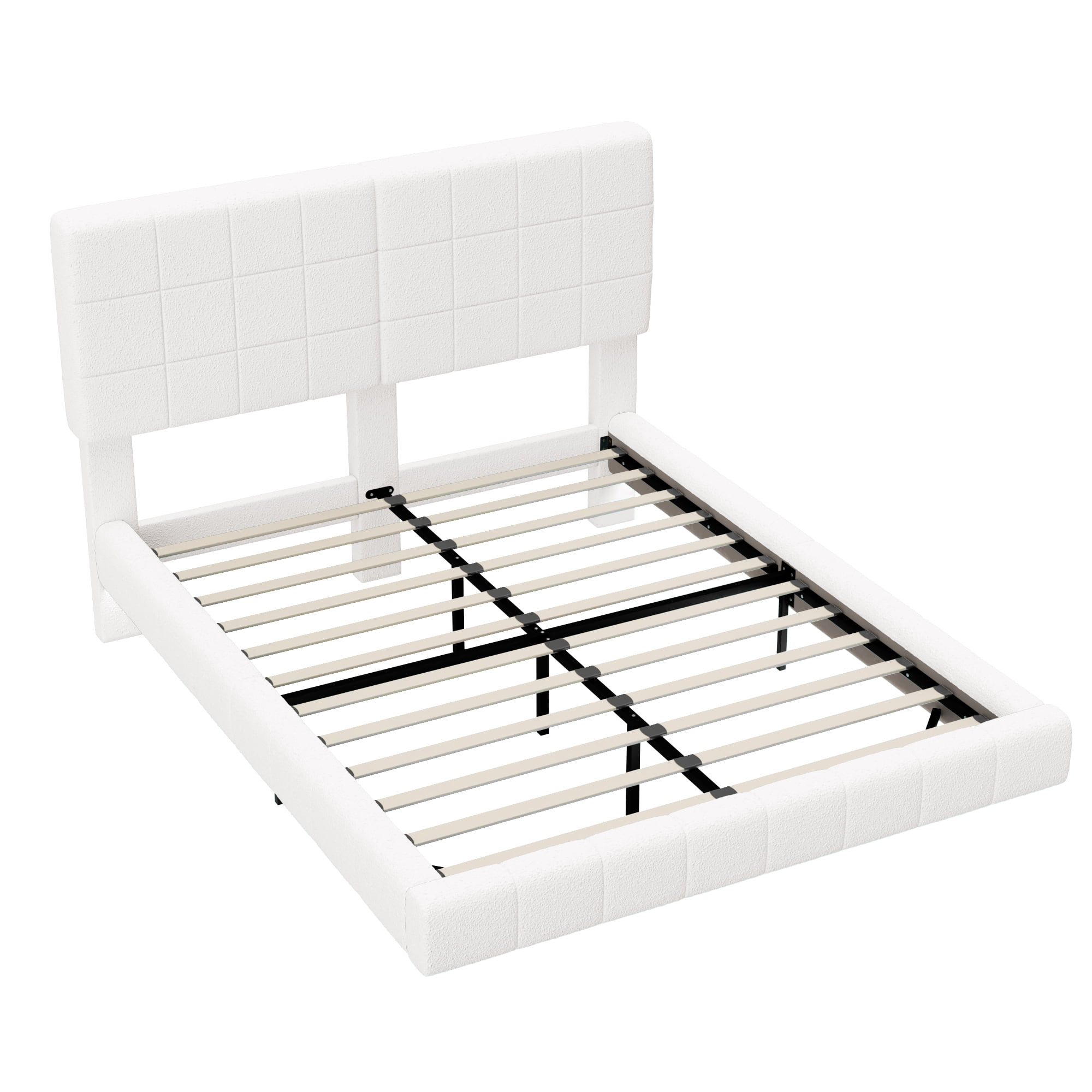 Mintazer Queen Size Floating Upholstered Platform Bed Frame with Grid Tufted Headboard and LED Lights, Boucle Fabric Bed for Bedroom, No Box Spring Needed, White
