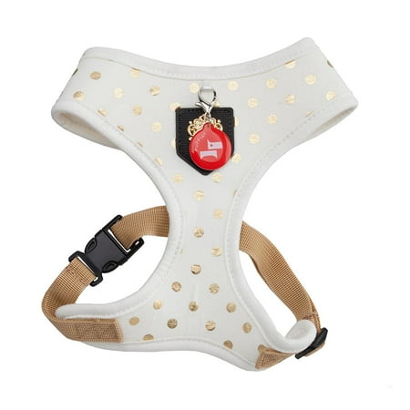 - Authentic Modern Dotty Harness A, Medium, Ivory, Goldish polka dot pattern and solid schemed By Puppia