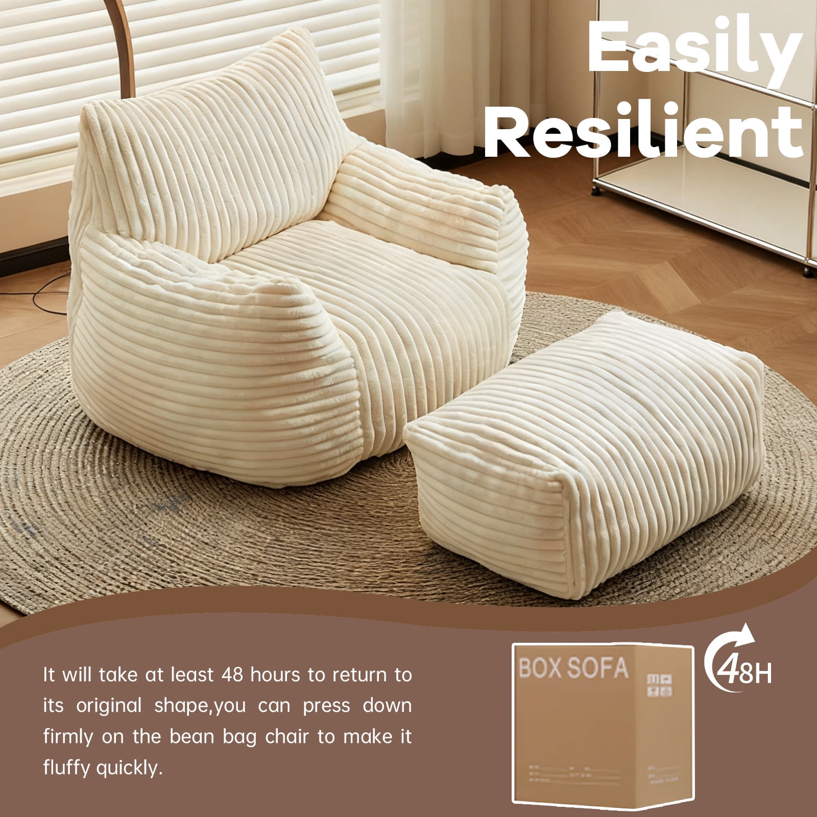 Bean Bag Chairs for Adults Teens with footrest, Cozy Fluffy Single Mini Couch,Large Bean Bag Sofa Chairs with Filling Comfy with Armrests for Reading,Living Room, Bedroom. (White, with footrest)