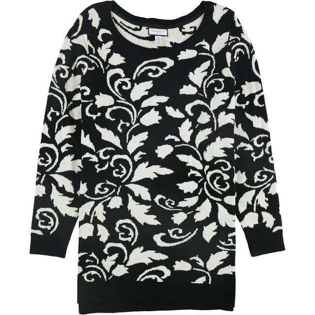 Charter Club Womens Abstract Floral Tunic Sweater, Black, Plus Size, 0X