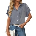 thumbnail image 6 of YDFCWXW Short Sleeve Striped Tops for Women Casual Button Down Shirts Striped Business Work Blouses with Pockets Navy, XXL, 6 of 8