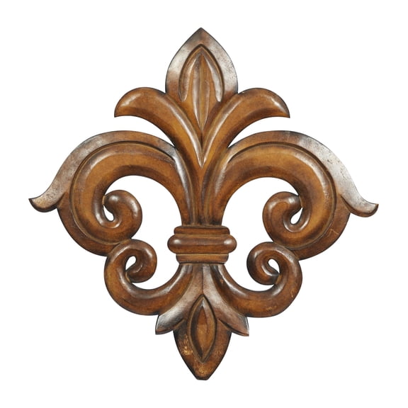 DecMode Brown Wooden Carved Fleur De Lis Wall Decor