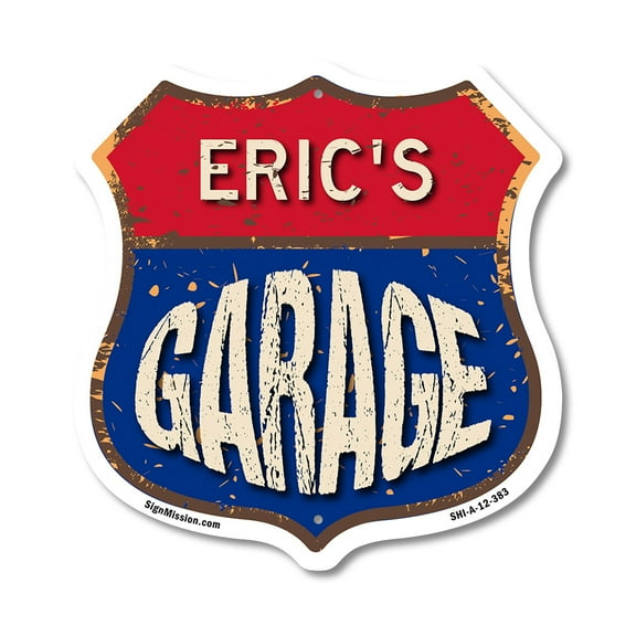 Eric's Garage 12 inch X 12 inch Shield-Shaped Rust-Free Aluminum Metal Sign Weather Resistant, UV Protected To last, Gift for Dads and Uncles Classic Americana Crafted in the USA