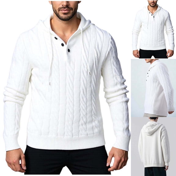 Txeol Men's Hooded Sweaters Button V Neck Long Sleeve Cable Knit Pullover Casual Slim Fit Sweater Tops,White XXL