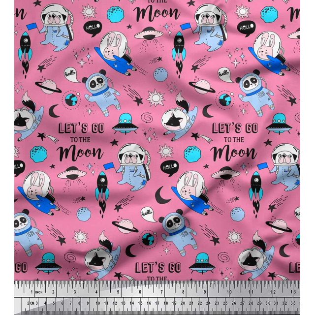 Soimoi Modal Satin Fabric Planet,Rocket & Astronaut Animals Cartoon Print Fabric by The Yard 42 Inch Wide