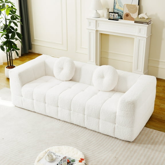 84.6" Modern Boneless Couch with Circular Throw Pillows, 3 Seater Checkered Fabric Sofa, Cloud-Like Comfort Sofa for Living Room Apartment, No Assembly, Beige