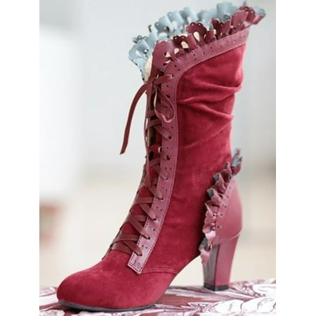 Women Leaf Boots Curl Heel Knee High Bohhemian Boots Cosplay Gothic Leather Boots