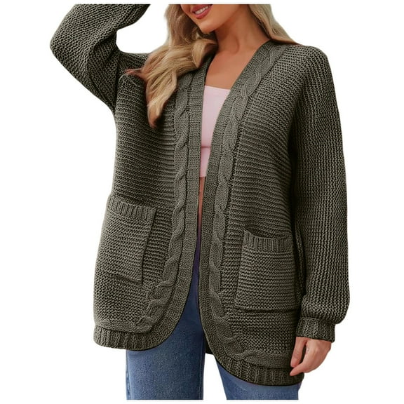 Cute Sweater Women Cable Knitted Blazer Long Sleeve Solid Open Front Cardigan With Pocket Plus Size Pullover Tops