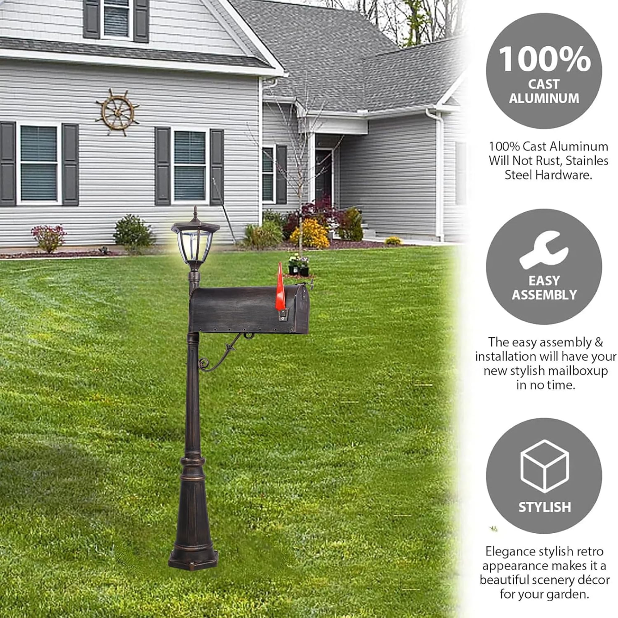 Large Mailbox with Post &Solar Lights Combo, Stratford Heavy Duty Cast Aluminum Mailboxes for Outside,Decorative Modern Mail Box for Homes