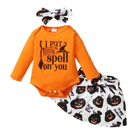 

KIMI BEAR Baby Girls Romper Outfits 3 Months Newborn Girls Fall Winter Clothing Set Halloween Cartoon Print Long Sleeve Jumpsuit Skirt Headband 3PCs Set 3-6 Months Orange