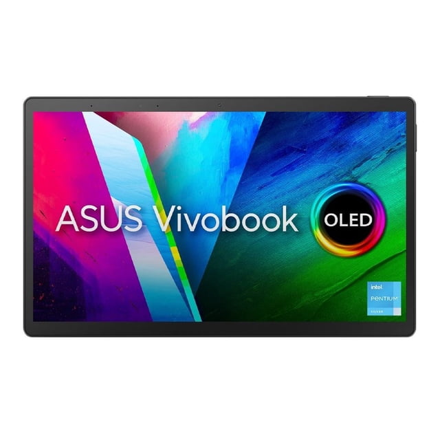 Tableta Asus Vivobook Slate T3300KA-LQ043W con pantalla OLED NanoEdge de 13.3 pulgadas en vista frontal, colores vivos y bordes ultradelgados. Dispositivo negro con procesador Intel Pentium N6000, 8GB RAM y 256GB SSD, ideal para multitarea ligera, portabilidad y creatividad en estudiantes y profesionales.