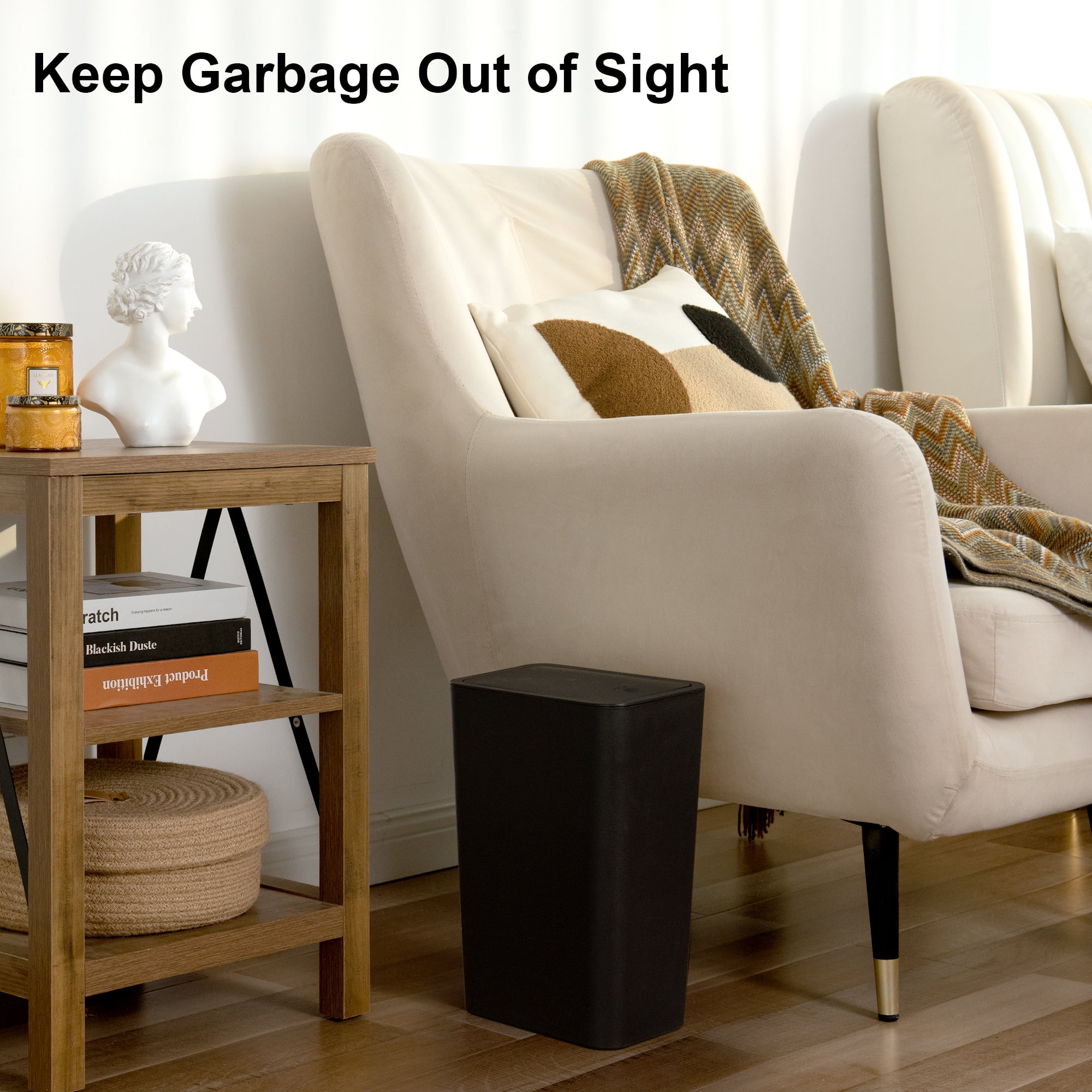 2 Pack Plastic Trash Can with Press Top Lid, 2.6 gal Modern Garbage Can, Small Wastebasket for Bathroom, Black