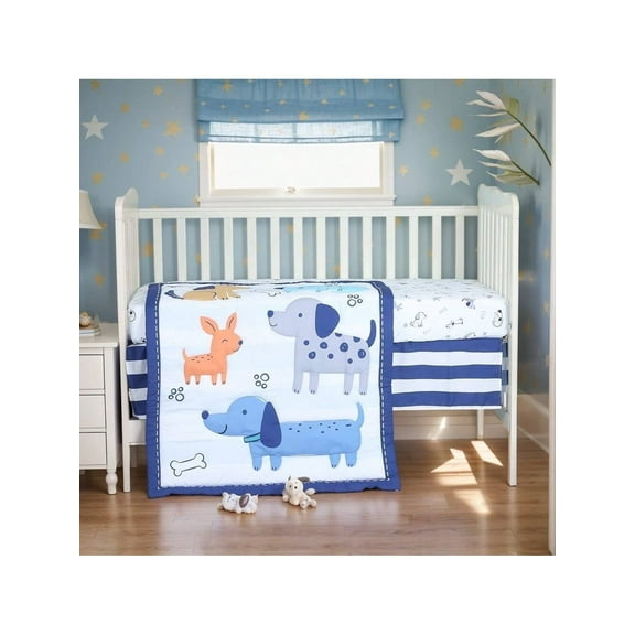 Sweet Baba 3-Piece Dog Theme Crib Bedding Set, Blue/White Nursery Set with Quilt/Crib Sheet/Crib Skirt