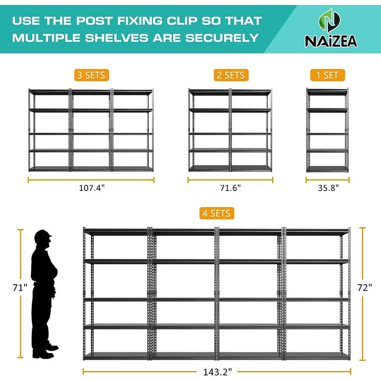 ABORON 1/2/3/4 Pcs Storage Shelves,5 Tier Adjustable Garage Storage Shelving,  Heavy Duty Metal Storage Utility Rack Shelf Unit for Warehouse Pantry  Closet Kitchen, 36 x 16 x 72 