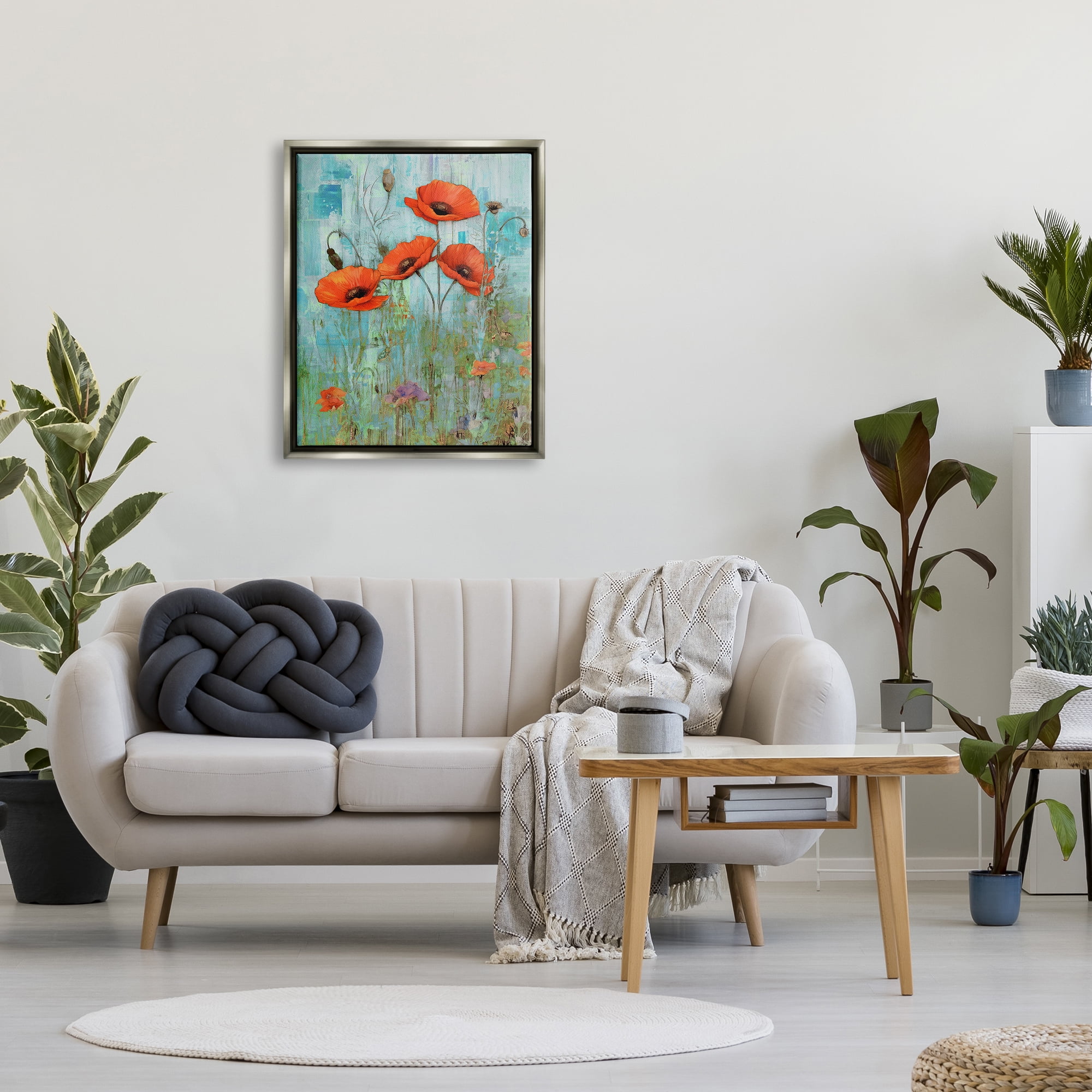 Stupell Industries Poppy Meadow on Blue Botanical & Floral Painting Gray Floater Framed Canvas Art Print Wall Art, 25 x 31