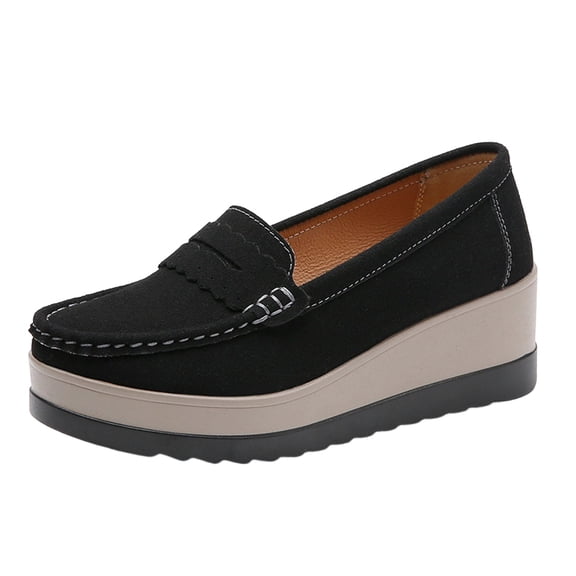 KIJBLAE Women's Platform Wedge Loafers, Slip On Penny Style Thick Sole Shoes, Plus Size Casual Comfort Footwear for Office & Street Black 38