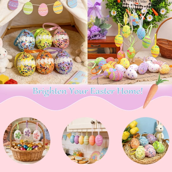 Tyidzon Easter Eggs Ornaments, Set of 6 Colorful Foam Easter Decorations Hanging Egg for Easter Basket Stuffers Home Party Decor DIY Crafts Gifts, 2.36"