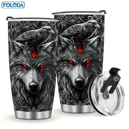 Foloda 1pc Awesome Wolf Pattern Mug Gift Stainless Steel Water Bottle Gift For Men Birthday Christmas Best Gift For Father's Day, 20oz With Lid Keep drinks hot/cold Tumbler Cup, Insulated Travel Coff