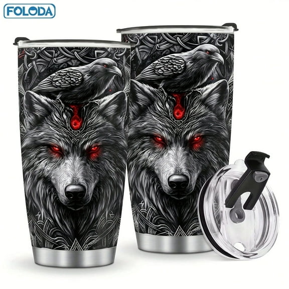 Foloda 1pc Awesome Wolf Pattern Mug Gift Stainless Steel Water Bottle Gift For Men Birthday Christmas Best Gift For Father's Day, 20oz With Lid Keep drinks hot/cold Tumbler Cup, Insulated Travel Coff