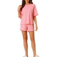 thumbnail image 2 of INSPIRE CHIC Women's Lounge Outfits Casual Round Neck Shorts Sleeves Ribbed Tops with Shorts Pajama Sets M Pink, 2 of 6