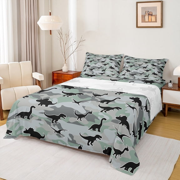 jejeloiu Wild Animal Dino Bed Sheets,Rustic Camo Camouflage King Sheets,Gray Black Green Sheet Set For Boys Teens,Microfiber Bedroom Decor,4pcs