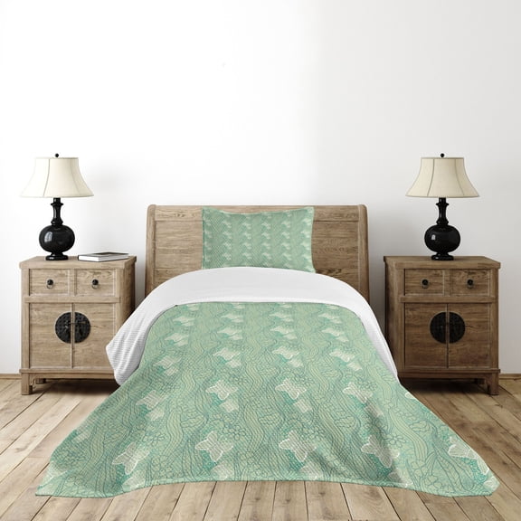 Ambesonne Green Quilted Bedspread Set 2 Pcs, Lace Style Butterflies, Twin Size, Pale Green Turquoise