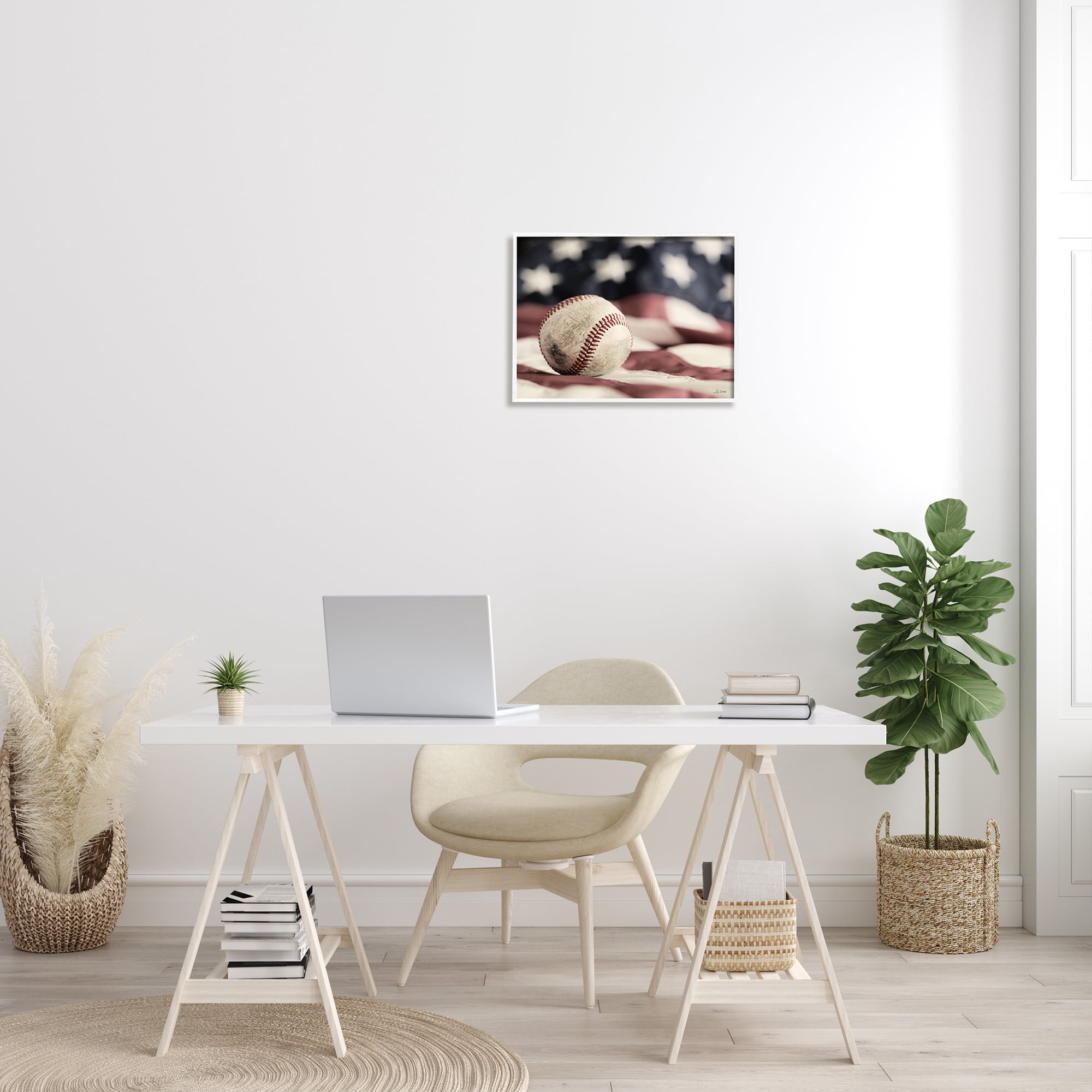 Stupell Industries Baseball & American Flag Sports Photography White Framed Art Print Wall Art, 20 x 16