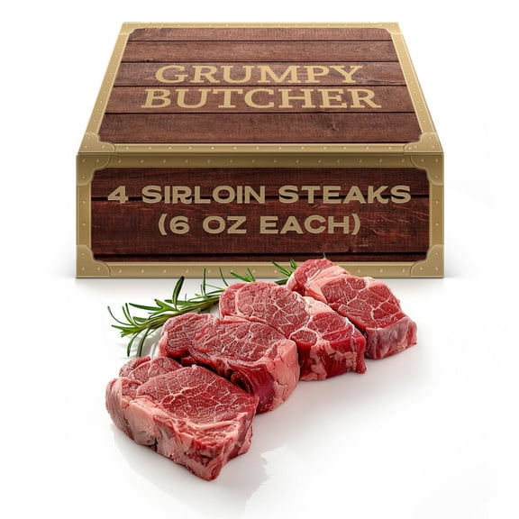 Grumpy Butcher Top Sirloin Steaks Prime Steakhouse Choice Angus, 4 Count, 6 oz