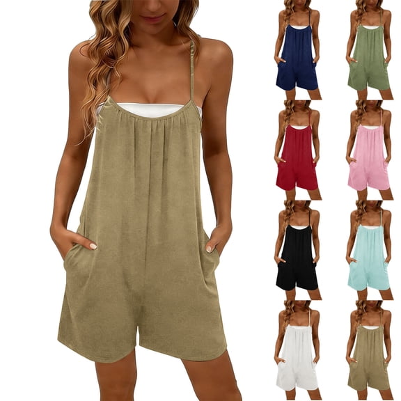 YHAJDS Womens Rompers Solid Suspenders Overall Shorts Casual Summer Vacation Wear