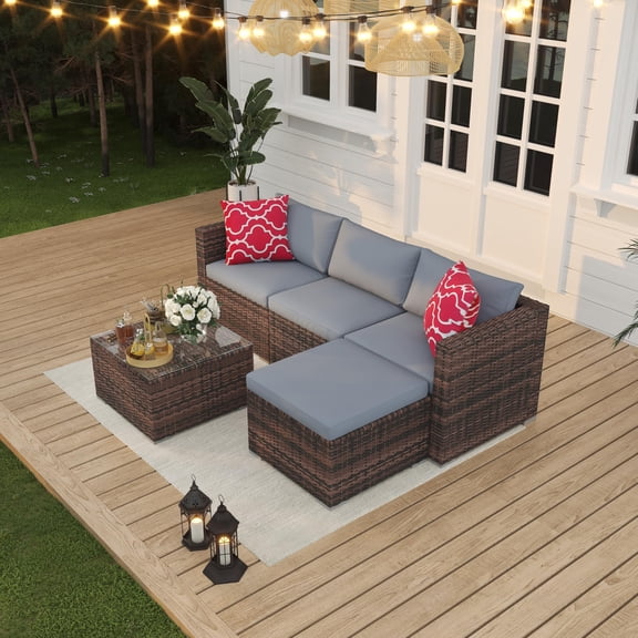 OUTGOODS All-Weather 5-Piece Patio Sectional Sofa Set – Wicker Outdoor Conversation Furniture with Cushions, Glass Coffee Table, Ottoman, Modular Design Ideal for Garden, Porch, Balcony