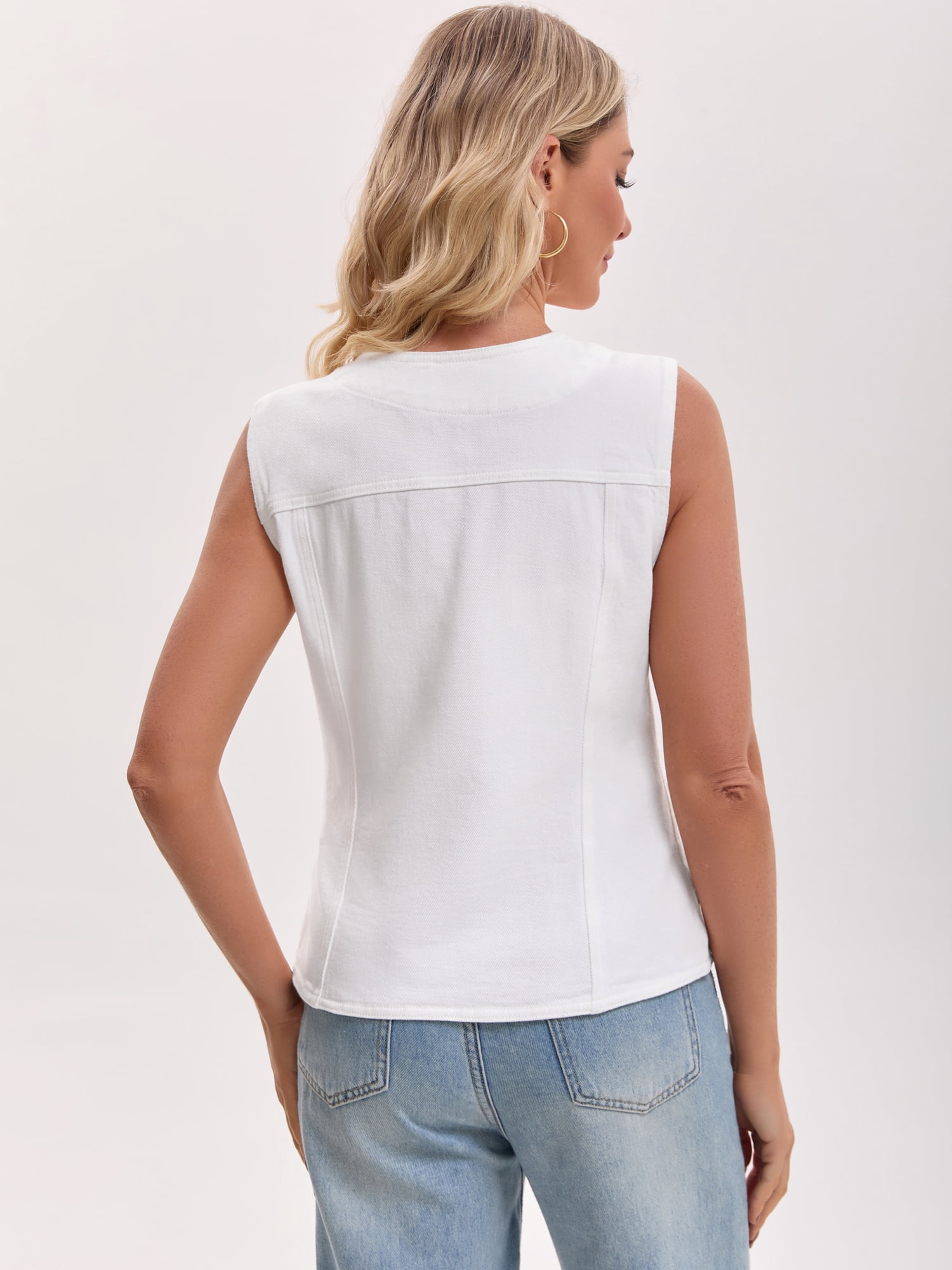 DARING DIVA Women's V Neck Patch Pockets Button Down Sleeveless Jacket XL White