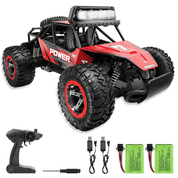 YCFUN Remote Control Cars, 1:14 Scale RC Rock Crawler with Lights, Metal Shell & 2 Batteries, 2.4GHz Off Road RC Trucks for Kids Adults (Red)