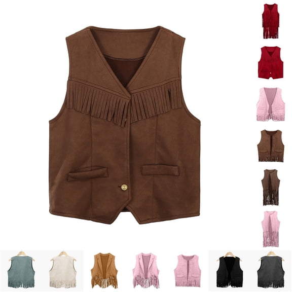 HNMKIU Girls Fringe Vest Western Tassel Open Front Coat Solid Color Casual Party Up Top For Halloween Oktoberfest Brown-3,11-12 Years