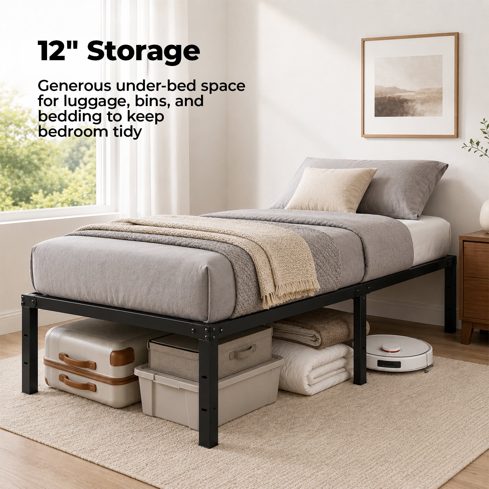Alvantor Metal Bed Frame 12 inch Tall Sturdy Mattress Foundation with Under-bed Storage