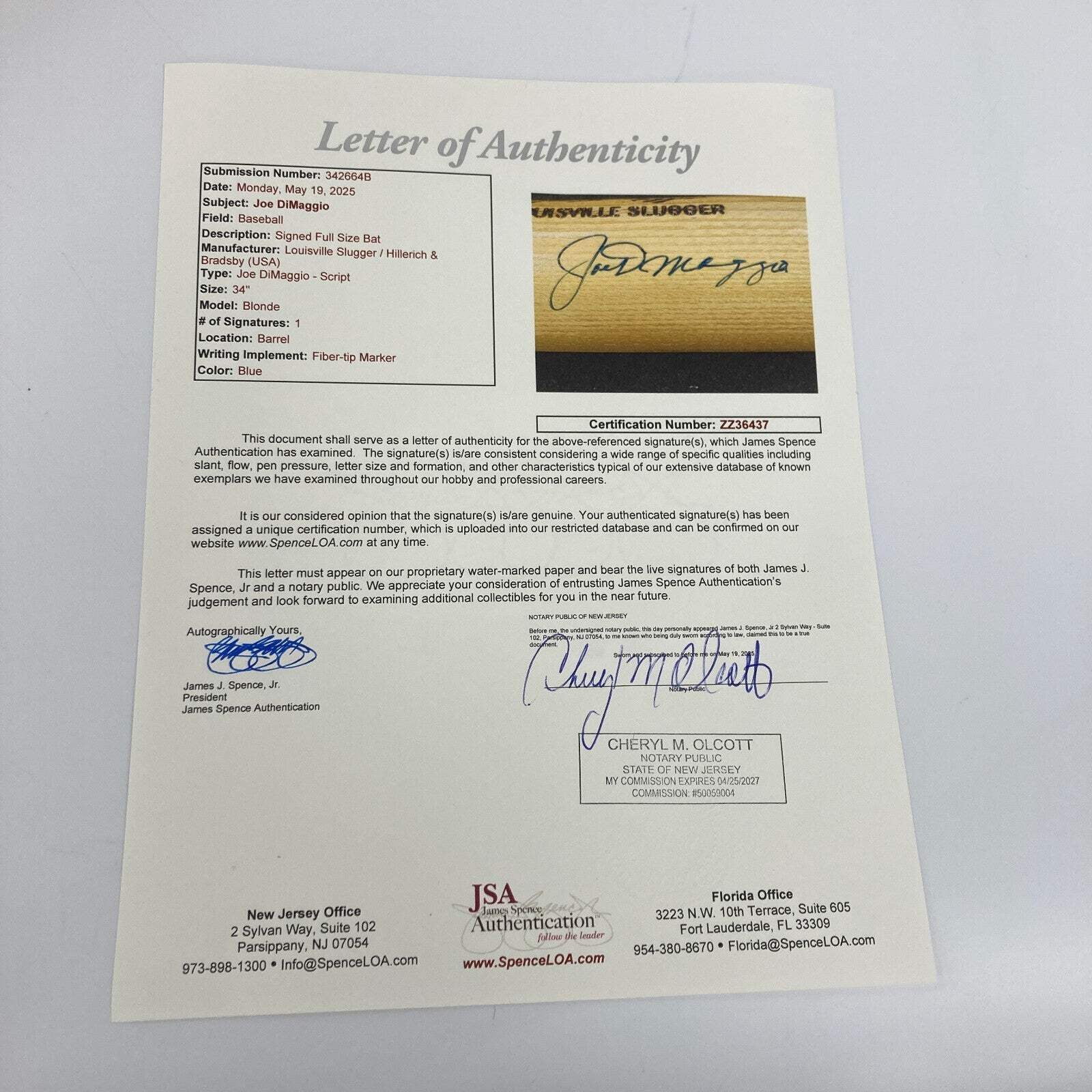 Beautiful Joe Dimaggio Signed Game Model Baseball Bat With JSA COA