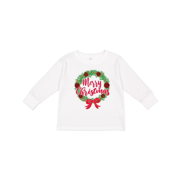 Inktastic Merry Christmas Wreath with Red Bow and Ornaments Boys or Girls Long Sleeve Toddler T-Shirt