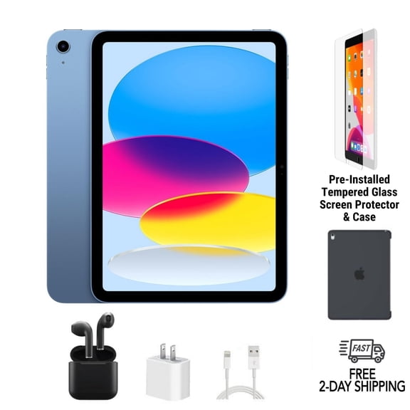 Pre-Owned Apple iPad 10th Gen (2022) A2696 (WiFi) 64GB Blue Bundle with Case, Wireless Earbuds, Tempered Glass Screen Protector