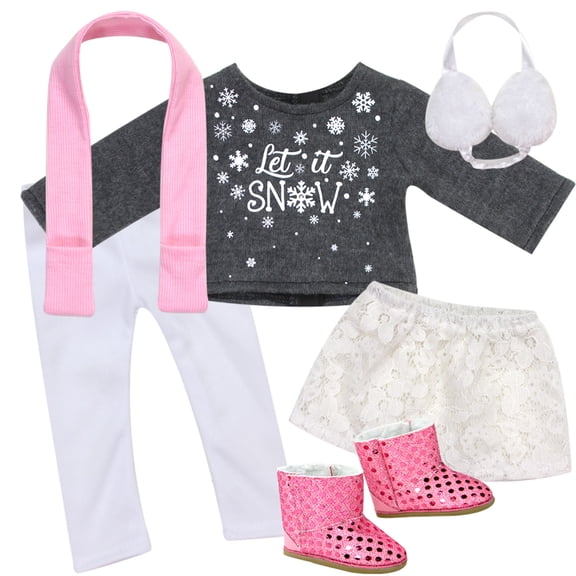 Sophia's - 18" Doll - "Let It Snow" Sweater, Lace Skirt, Leggings, Earmuffs, Pocket Scarf & Ewe Boots - Grey/White/Pink