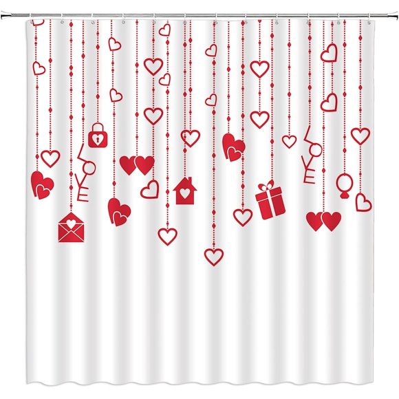 Rideau de Douche de la Saint-Valentin Cœur Rouge Enveloppe d'Amour Couple Romance Abstrait Art Simple Tissu Décoration de Salle de Bain Rideaux avec Crochets, Rouge Blanc