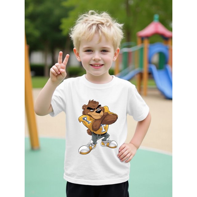 T-Shirt Graphique Ours Rugby pour Garçons - Coton Doux à Manches Courtes, Orange Vif, Décontracté, Col Rond, Léger et Confortable pour Tous les Jours / Style Décontracté d'Été / Coton