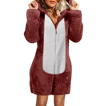 

Lanhui Women Long Sleeve Hooded Short Jumpsuit Pajamas Casual Winter Warm Rompe Sleepwear