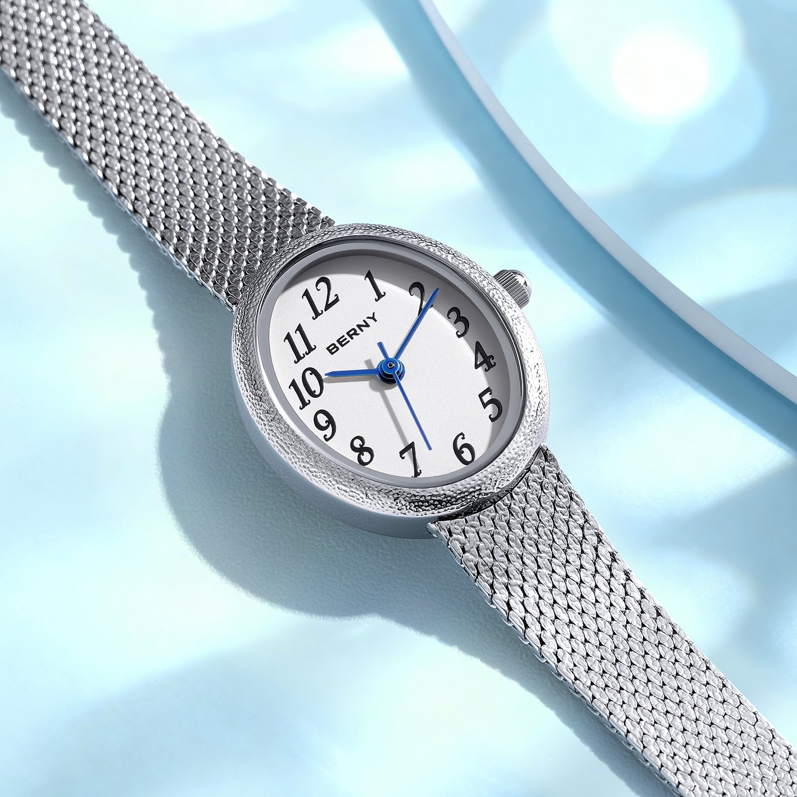 BERNY Small Silver Watches for Women, Dainty Easy to Read Oval Dial, Vintage Stainless Steel Bracelet Watch, Adjustable Mesh Band, Waterproof, Luxury Ladies Analog Quartz Wrist Watch Gifts (White)
