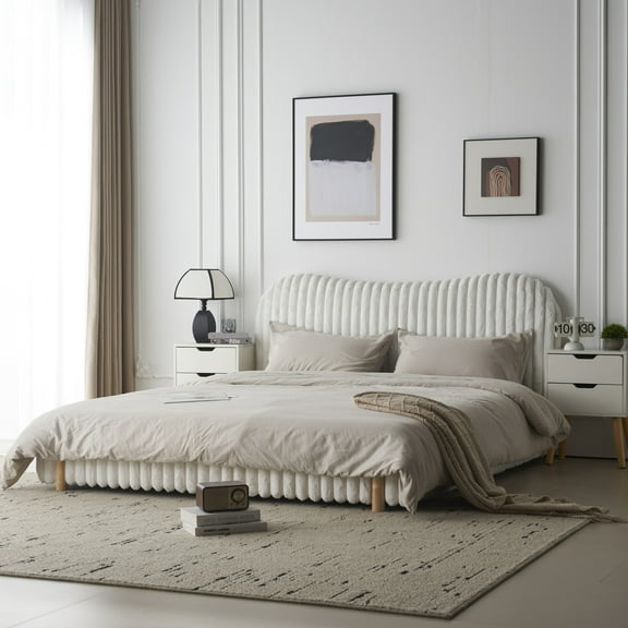 Christopher Knight Home Modern Boucle Upholstered King Bed Frame, Curved Wavy Headboard, Vertical Stitching, Solid Wood Legs, White
