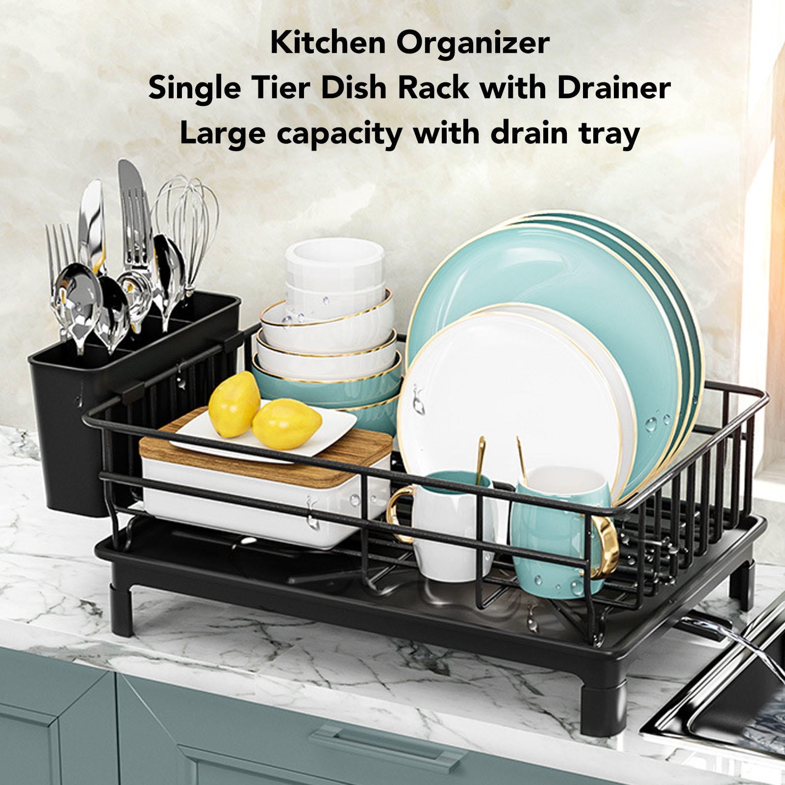 BIMZUC Carbon Steel Dish Drying Rack with Utensil Holder – Durable, Space‑Saving, Multi‑Functional Kitchen Counter & Cabinet Rack