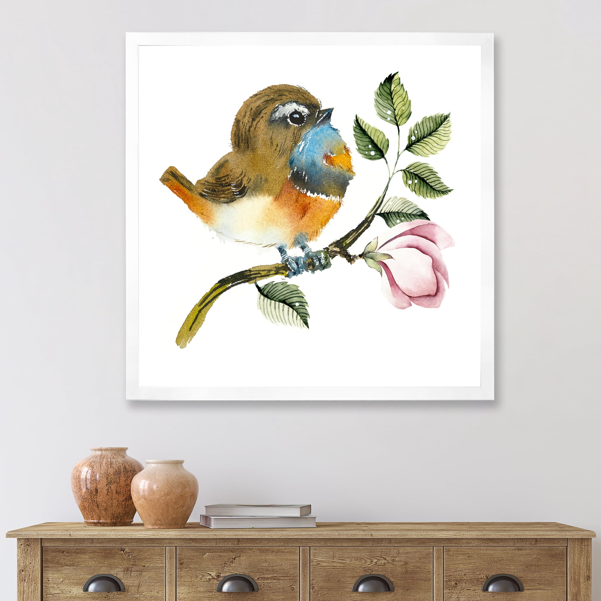 Designart 'Bluethroat Bird Sitting On A Branch' Traditional Framed Art Print