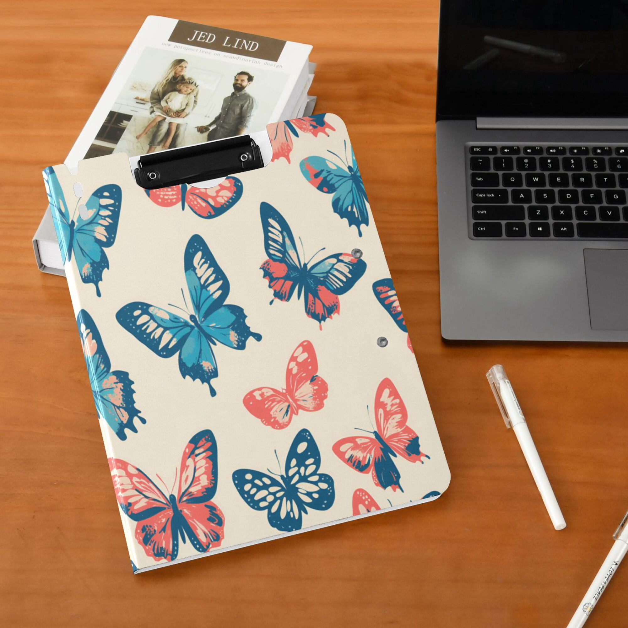 FORMRS A4 Clipboard Folder with Pen Holder Horizontal Foldable School Office Binder, Green Butterflies