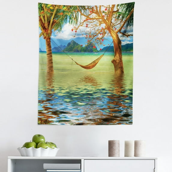 Beach Tapestry, Image of Hammock Hanging Between Trees in the Tropical Lake Paradise Lands Art Work, Fabric Wall Hanging Decor for Bedroom Living Room Dorm, 5 Sizes, Multicolor, by Ambesonne